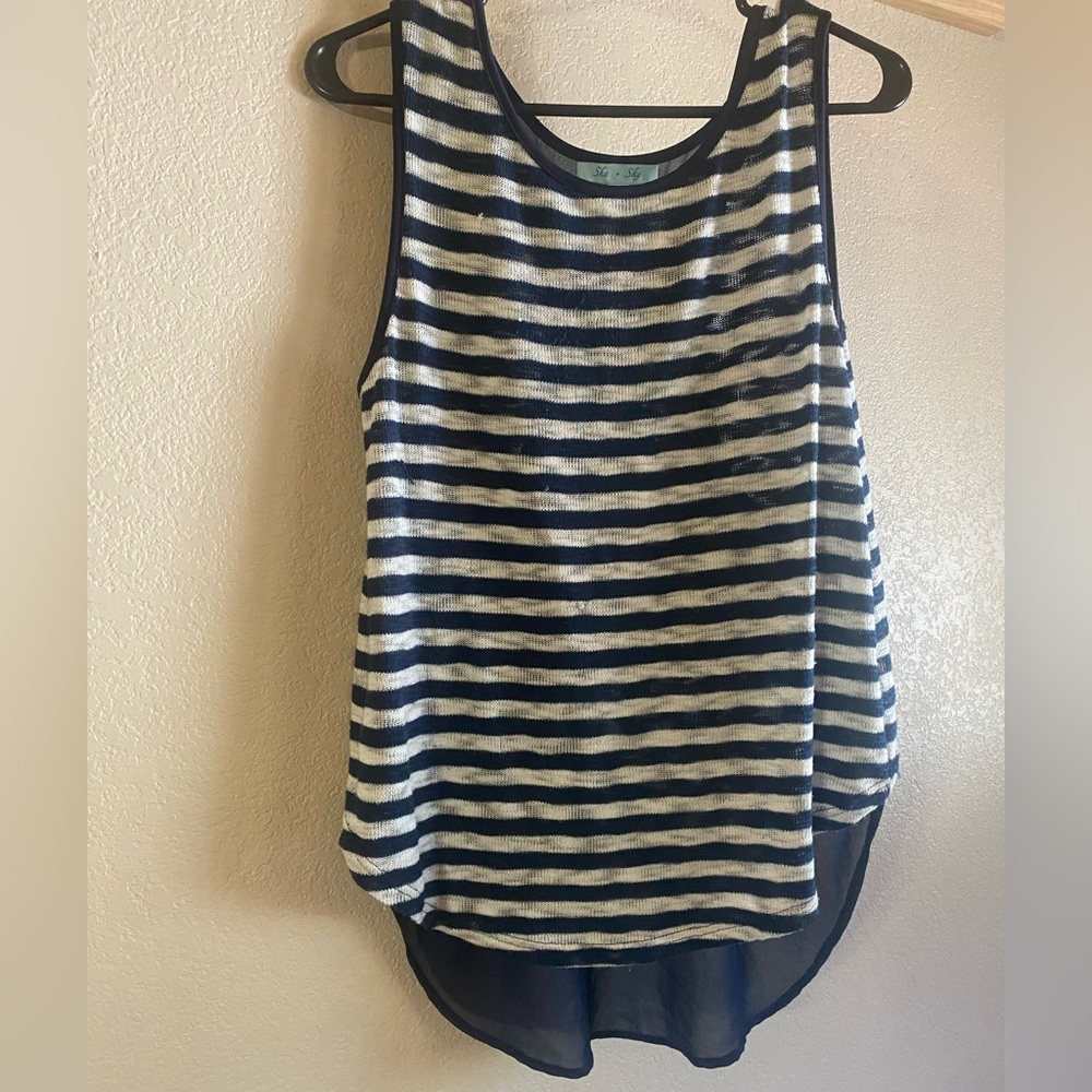 Navy blue and white striped tank top